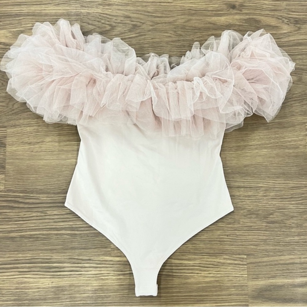 Free People Ruffled Off-Shoulder Bodysuit in Blush - Picture 2 of 6